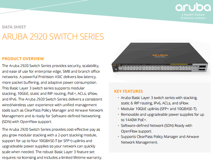 Aruba 2920 Switch Series Data Sheet - Laketec